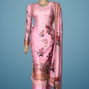 Chic soft pink cotton kamiz with subtle embroidery, paired with comfy pants and a generous dupatta for a graceful and timeless look. Ideal for casual and semi-formal occasions, with a touch of sophistication